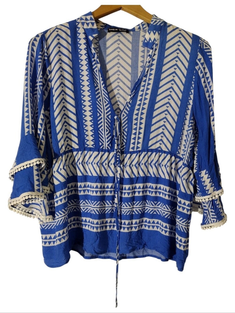 SHEIN Blue & White Tribal Print V-Neck Tie-Front Tunic